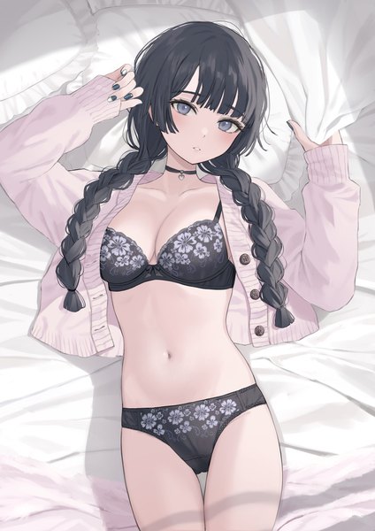 Anime picture 1200x1698 with original sutochan single long hair tall image looking at viewer blush fringe breasts light erotic black hair large breasts purple eyes lying blunt bangs braid (braids) long sleeves nail polish parted lips head tilt