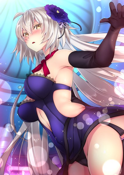 Anime picture 1032x1457 with fate (series) fate/grand order fate/apocrypha jeanne d'arc (fate) (all) jeanne d'arc alter (fate) mia (gute-nacht-07) single long hair tall image blush fringe breasts light erotic hair between eyes yellow eyes ahoge white hair parted lips sparkle from below