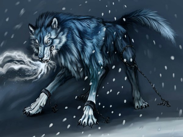 Anime picture 1024x771 with original aogachou (artist) single teeth fang (fangs) wallpaper snowing snow animal chain wolf