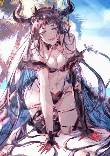 Anime-Bild 923x1307 mit granblue fantasy magus (granblue fantasy) muramitsu (d3jgv) single tall image looking at viewer breasts open mouth light erotic black hair smile large breasts green eyes cleavage full body bent knee (knees) outdoors tail very long hair :d