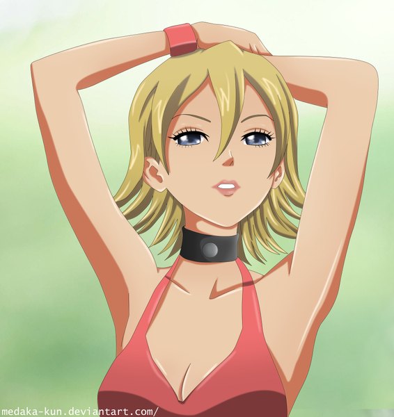 Anime picture 1884x2000 with sket dance onizuka hime single tall image looking at viewer highres short hair blue eyes blonde hair bare shoulders inscription teeth lipstick girl choker
