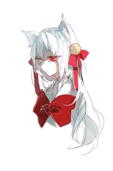 Anime picture 752x1140 with original cui (jidanhaidaitang) single long hair tall image fringe hair between eyes red eyes animal ears yellow eyes looking away upper body white hair braid (braids) traditional clothes japanese clothes fox ears heterochromia fox girl shaded face