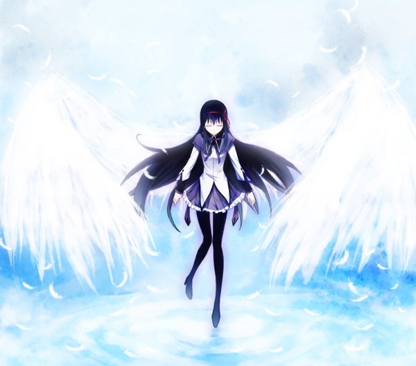 Anime picture 2500x2204 with mahou shoujo madoka magica shaft (studio) akemi homura azmodan single long hair highres black hair eyes closed girl wings