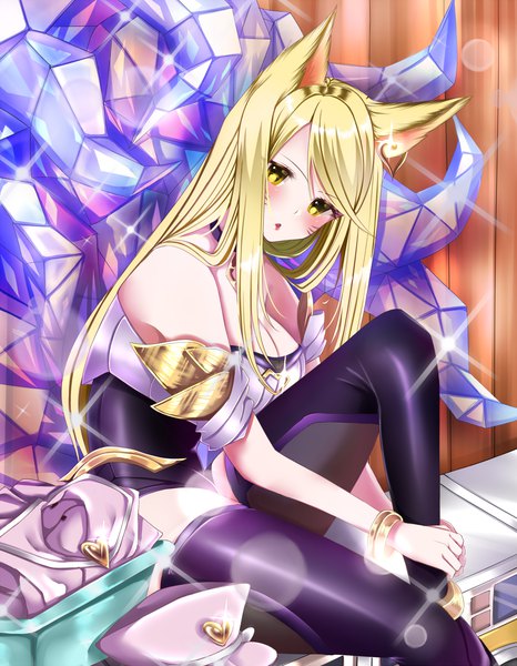 Anime picture 1000x1285 with league of legends k/da (league of legends) ahri (league of legends) k/da ahri mint single long hair tall image looking at viewer blush fringe breasts open mouth light erotic blonde hair large breasts sitting bare shoulders animal ears yellow eyes