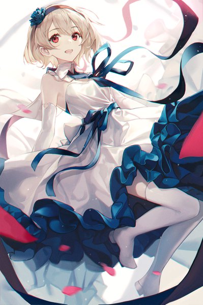 Anime picture 2000x3009 with original yohaku single tall image looking at viewer fringe highres short hair open mouth simple background blonde hair smile hair between eyes red eyes bent knee (knees) :d frilled dress anaglyph girl dress