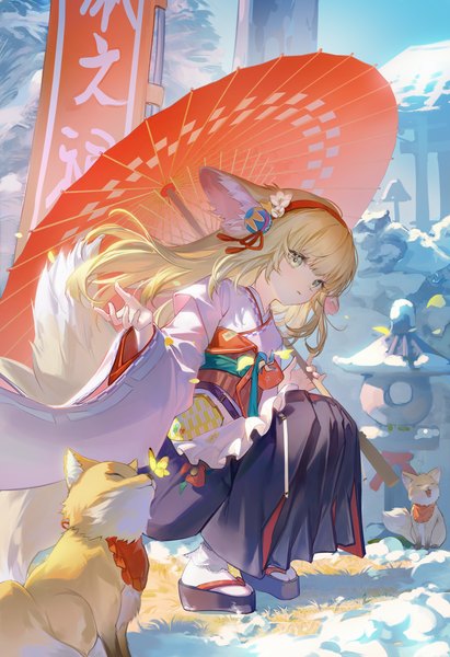 Anime picture 3429x5000 with arknights suzuran (arknights) suzuran (yukibare) (arknights) softkittywarmkitty single long hair tall image looking at viewer highres blonde hair animal ears absurdres outdoors tail traditional clothes japanese clothes animal tail fox ears official alternate costume fox tail