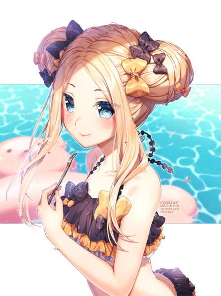 Anime picture 900x1202 with fate (series) fate/grand order abigail williams (fate) rosuuri single long hair tall image looking at viewer blush fringe blue eyes blonde hair smile standing holding signed payot sparkle hair bun (hair buns) polka dot
