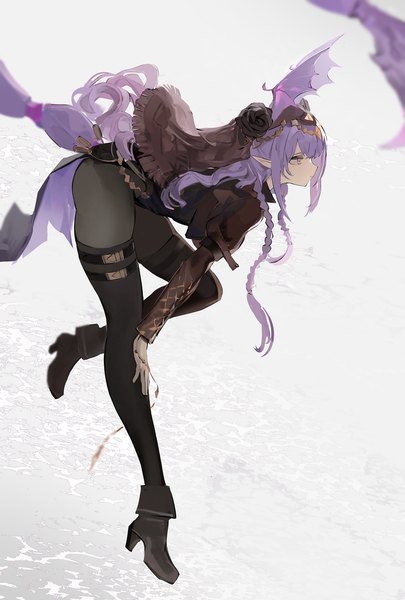 Anime-Bild 3244x4810 mit arknights manticore (arknights) manticore (under a veil) (arknights) koio single long hair tall image highres light erotic purple eyes looking away absurdres purple hair full body bent knee (knees) profile pointy ears high heels leaning leaning forward