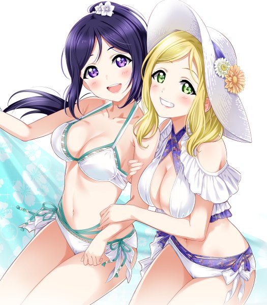 Anime picture 1051x1200 with love live! sunshine!! sunrise (studio) love live! matsuura kanan ohara mari rozen5 long hair tall image looking at viewer blush fringe breasts open mouth light erotic simple background blonde hair smile standing white background purple eyes