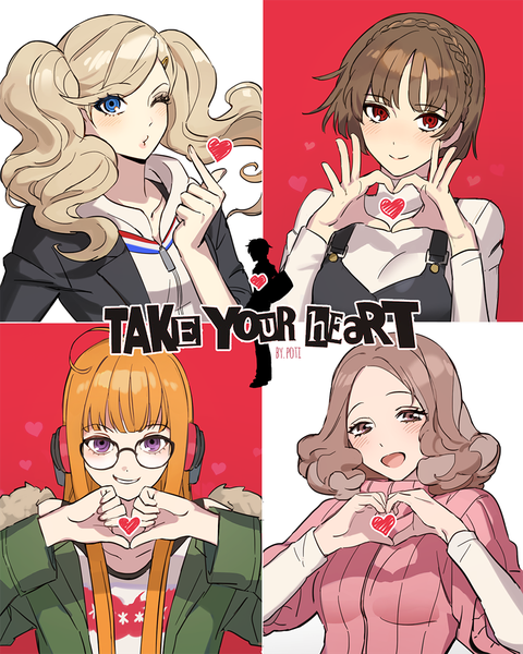 Anime picture 900x1125 with persona 5 persona takamaki anne sakura futaba niijima makoto okumura haru poti long hair tall image looking at viewer blush fringe short hair open mouth blue eyes blonde hair simple background smile red eyes brown hair