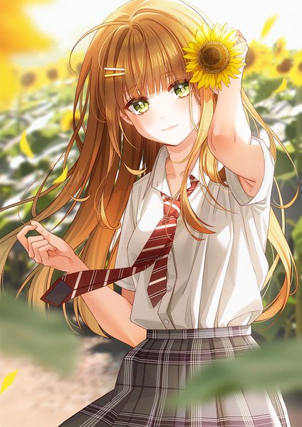 Anime picture 870x1230 with original unjem single long hair tall image looking at viewer blush fringe brown hair standing green eyes ahoge outdoors blunt bangs head tilt arm up hair flower light smile blurry short sleeves