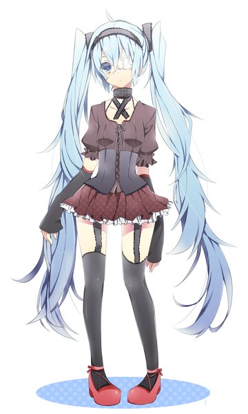 Anime picture 1200x2000 with vocaloid hatsune miku umigumo yuuna single tall image blue eyes simple background white background twintails very long hair aqua hair girl thighhighs dress black thighhighs detached sleeves headdress eyepatch