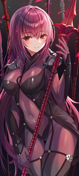 Anime picture 874x1937 with fate (series) fate/grand order scathach (fate) (all) scathach (fate) munseonghwa single long hair tall image blush fringe breasts light erotic hair between eyes red eyes standing holding looking away purple hair light smile thigh gap