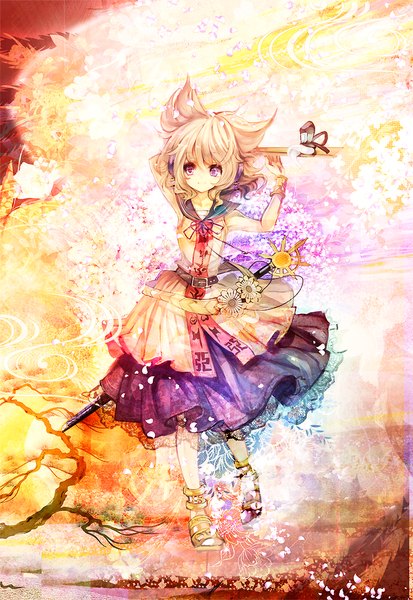 Anime picture 791x1148 with touhou toyosatomimi no miko cis (carcharias) single tall image fringe short hair blonde hair smile purple eyes armpit (armpits) multicolored girl dress ribbon (ribbons) weapon petals bracelet belt headphones