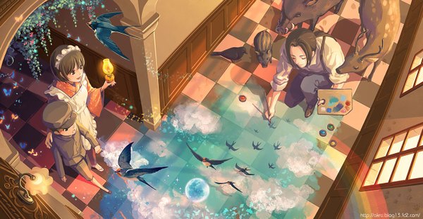 Anime picture 1300x678 with original akru (artist) brown hair wide image cloud (clouds) maid checkered floor checkered painting optical illusion plant (plants) hat animal window bird (birds) lamp paint overalls deer boar