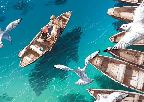 Anime-Bild 1280x906 mit pink hair water dog watercraft seagull boat