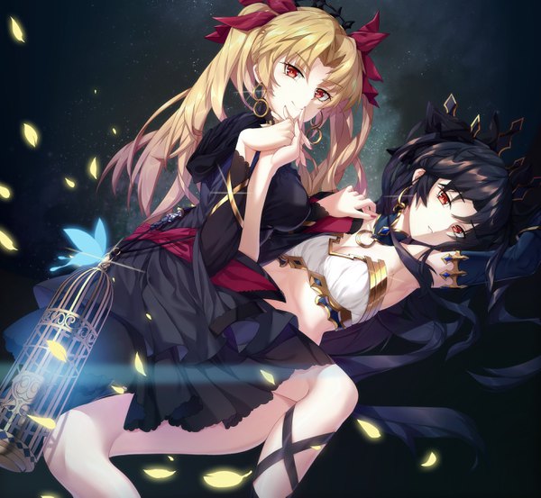 Anime picture 2811x2593 with fate (series) fate/grand order ishtar (fate) ereshkigal (fate) yurix long hair looking at viewer fringe highres light erotic black hair blonde hair smile red eyes sitting twintails multiple girls bent knee (knees) lying nail polish