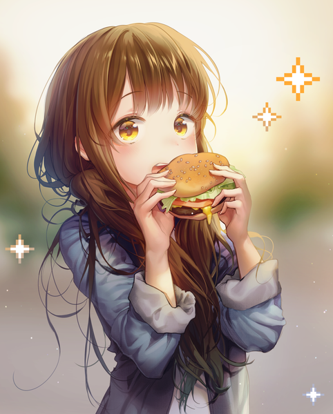 Anime picture 1607x2000 with original yampa single long hair tall image looking at viewer blush fringe brown hair holding yellow eyes upper body blunt bangs eating twisty sleeves girl food hamburger