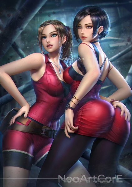 Anime picture 800x1132 with resident evil ada wong claire redfield nudtawut thongmai tall image looking at viewer blush short hair breasts blue eyes light erotic black hair standing multiple girls signed cleavage ass nail polish parted lips looking back