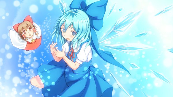 Anime picture 1920x1080 with touhou hakurei reimu cirno gennsuikyou highres short hair blue eyes brown hair wide image multiple girls brown eyes blue hair wallpaper flying girl dress skirt bow 2 girls hair bow