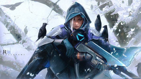 Anime picture 1100x619 with overwatch blizzard entertainment ana amari rossdraws (ross tran) single looking at viewer fringe wide image sitting holding bent knee (knees) white hair lips hair over one eye realistic grey eyes lipstick glowing snowing snow