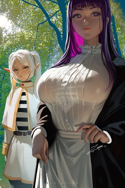 Anime picture 800x1200 with sousou no frieren frieren fern (sousou no frieren) zumi (zumidraws) long hair tall image fringe breasts light erotic large breasts standing purple eyes twintails multiple girls green eyes signed looking away purple hair outdoors white hair