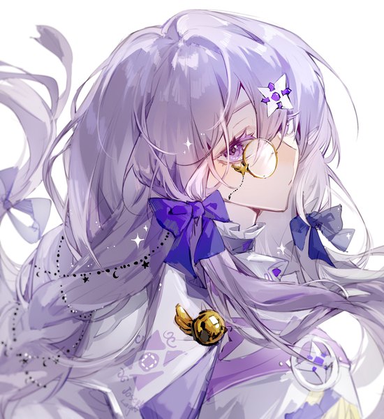 Anime picture 2600x2834 with arcaea lagrange (arcaea) zichuan single long hair tall image fringe highres simple background hair between eyes white background purple eyes purple hair upper body tress ribbon girl hair ornament bow hair bow monocle