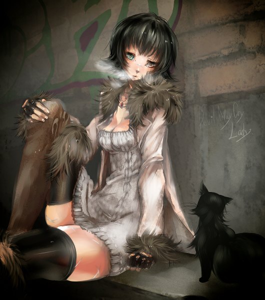 Anime picture 1060x1200 with didi amen single tall image blush fringe short hair breasts blue eyes black hair red eyes bent knee (knees) open clothes open jacket exhalation hand on knee girl thighhighs dress gloves black thighhighs