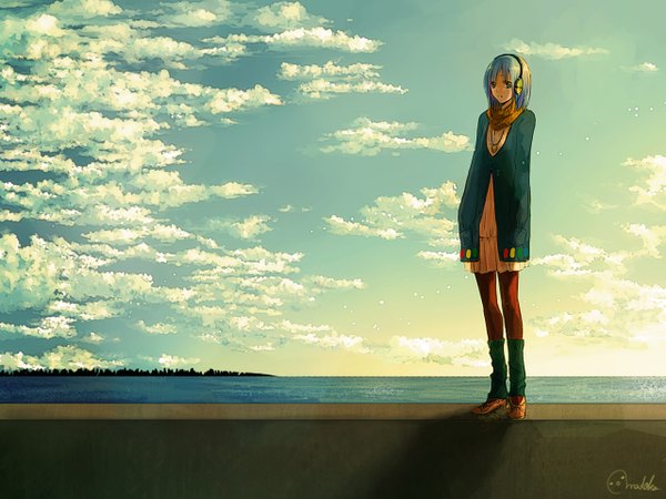 Anime picture 1280x960 with original mdk (m-kuri) single fringe short hair standing sky cloud (clouds) aqua eyes aqua hair scenic hands in pockets girl plant (plants) pantyhose tree (trees) water jacket boots headphones