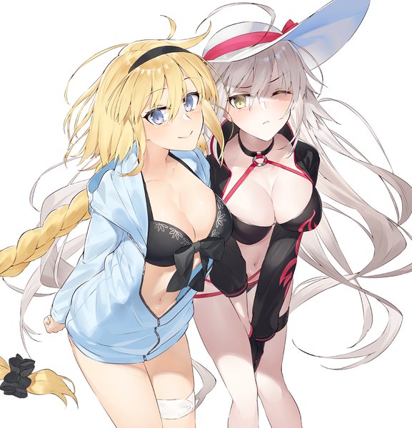 Anime picture 1093x1136 with fate (series) fate/grand order jeanne d'arc (fate) (all) jeanne d'arc alter (fate) jeanne d'arc alter (swimsuit berserker) (fate) jeanne d'arc (swimsuit archer) hayashi kewi tall image looking at viewer fringe breasts blue eyes light erotic blonde hair smile hair between eyes large breasts white background multiple girls payot