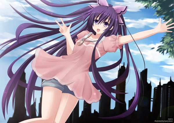 Anime picture 1900x1344 with date a live yatogami tooka kazenokaze single long hair blush highres open mouth purple eyes purple hair very long hair girl dress ribbon (ribbons) bow hair bow hair ribbon shorts