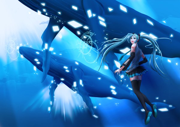 Anime picture 1356x960 with vocaloid hatsune miku twintails underwater girl thighhighs detached sleeves animal water whale grampus