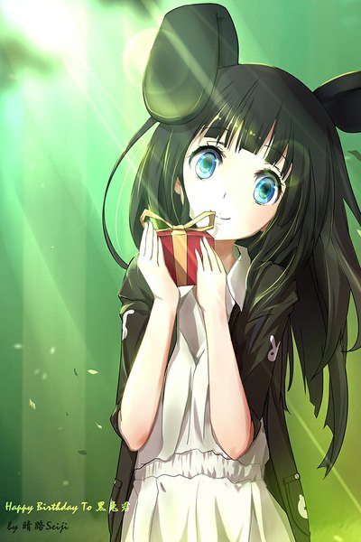 Anime picture 683x1024 with original ashzone single long hair tall image looking at viewer fringe blue eyes black hair smile standing animal ears sunlight bunny ears sunbeam green background girl dress white dress gift