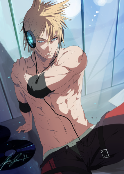 Anime picture 2000x2812 with original klnothincomin (artist) tall image highres short hair light erotic blonde hair aqua eyes open clothes topless muscle open pants boy navel headphones pants wire (wires) disk