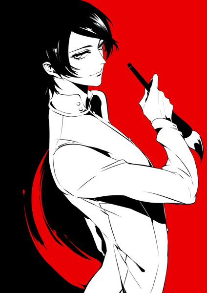 Anime picture 566x800 with persona 5 persona kitagawa yuusuke zmore single tall image looking at viewer short hair simple background smile upper body monochrome boy paintbrush calligraphy brush