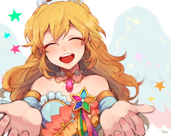 Anime picture 950x754 with aikatsu! hoshimiya ichigo yukibi (ykb) single long hair blush open mouth blonde hair bare shoulders eyes closed teeth girl wings choker star (symbol) crown