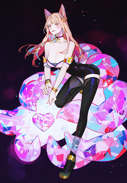 Anime picture 695x1000 with league of legends k/da (league of legends) ahri (league of legends) k/da ahri yueko (jiayue wu) single long hair tall image looking at viewer breasts light erotic blonde hair simple background large breasts bare shoulders animal ears full body tail animal tail fox ears