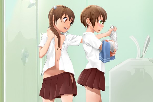 Anime picture 1200x800 with original yuki18r long hair blush short hair open mouth light erotic smile brown hair standing twintails holding brown eyes green eyes profile pleated skirt open clothes open shirt couple undressing