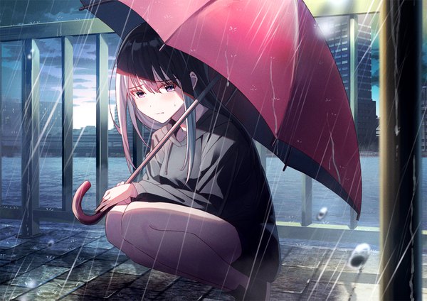 Anime picture 1600x1131 with original koh rd single long hair looking at viewer blush fringe black hair hair between eyes purple eyes holding sky cloud (clouds) full body bent knee (knees) outdoors blurry city rain squat