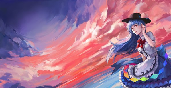Anime picture 3141x1632 with touhou hinanawi tenshi jiliang ji ying single long hair looking at viewer fringe highres open mouth red eyes wide image standing blue hair cloud (clouds) short sleeves puffy sleeves adjusting hair evening sunset hand on head