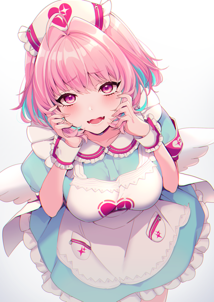 Anime picture 1500x2110 with idolmaster idolmaster cinderella girls yumemi riamu neko-san (dim.dream) single tall image looking at viewer blush fringe short hair breasts open mouth simple background hair between eyes standing pink hair ahoge pink eyes multicolored hair from above