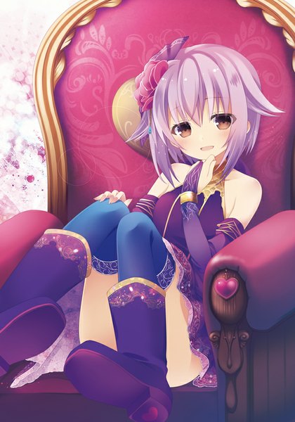 Anime picture 600x857 with idolmaster idolmaster cinderella girls koshimizu sachiko kanora single tall image blush short hair open mouth smile brown eyes purple hair girl thighhighs dress bow hair bow boots thigh boots throne