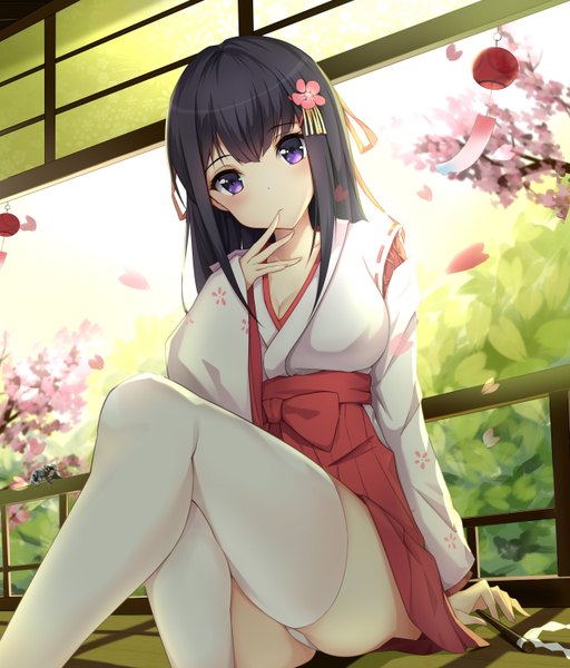 Anime picture 2560x3000 with original ms-06s single long hair tall image looking at viewer blush highres light erotic black hair sitting purple eyes traditional clothes head tilt japanese clothes pantyshot cherry blossoms finger to mouth pantyshot sitting girl