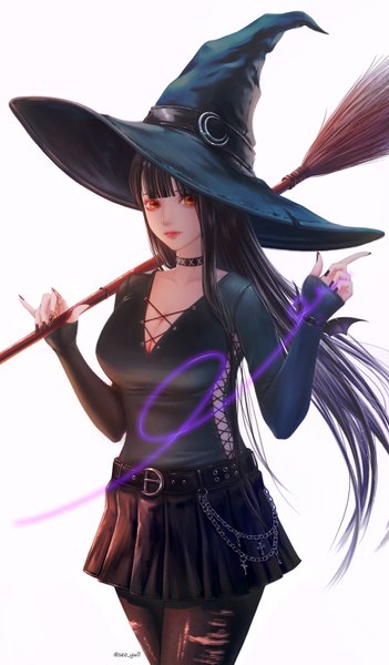 Anime picture 4000x6820 with original lichiko single long hair tall image fringe highres breasts black hair simple background large breasts white background absurdres cleavage blunt bangs nail polish pleated skirt orange eyes lipstick magic