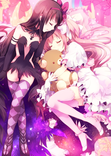 Anime picture 2122x2976 with mahou shoujo madoka magica shaft (studio) akemi homura kaname madoka goddess madoka akuma homura yamada ako long hair tall image blush highres black hair sitting multiple girls pink hair lying eyes closed high heels two side up hug