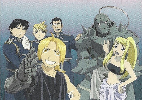 Anime picture 1167x823 with fullmetal alchemist studio bones alphonse elric winry rockbell roy mustang riza hawkeye maes hughes long hair short hair black hair blonde hair multiple girls ahoge ponytail scan multiple boys hand on hip group mechanical parts girl