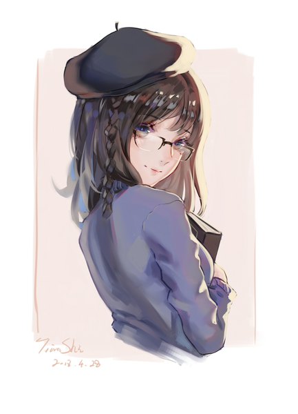 Anime picture 722x1000 with original atianshi single long hair tall image brown hair signed braid (braids) black eyes dated portrait side braid girl glasses book (books) beret