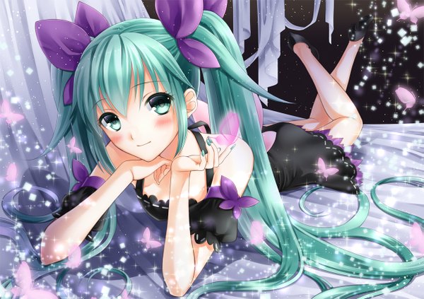 Anime picture 1203x850 with vocaloid hatsune miku takaaya kazuka single looking at viewer blush twintails lying very long hair aqua eyes aqua hair girl dress bow hair bow shoes insect butterfly
