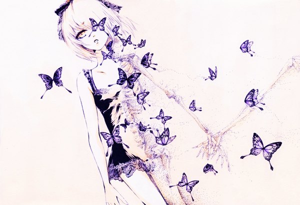 Anime picture 1000x685 with original charmal (pixiv) fringe short hair simple background blonde hair white background yellow eyes hair over one eye holding hands skeleton girl ribbon (ribbons) hair ribbon insect butterfly nightie