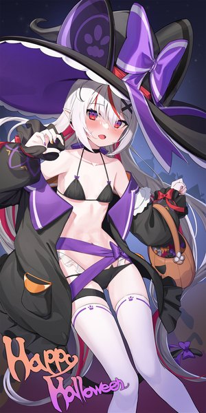 Anime picture 1500x3000 with original ohihil single tall image looking at viewer blush fringe breasts open mouth light erotic hair between eyes red eyes payot white hair red hair tail long sleeves nail polish animal tail multicolored hair